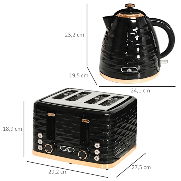 Vattenkokare Brödrost Set Frukost Set med 1,7 L vattenkokare, 4 skivor Brödrost, 2200 W, 7 Browning Levels, Upptining, Återuppvärmning och smulbricka,