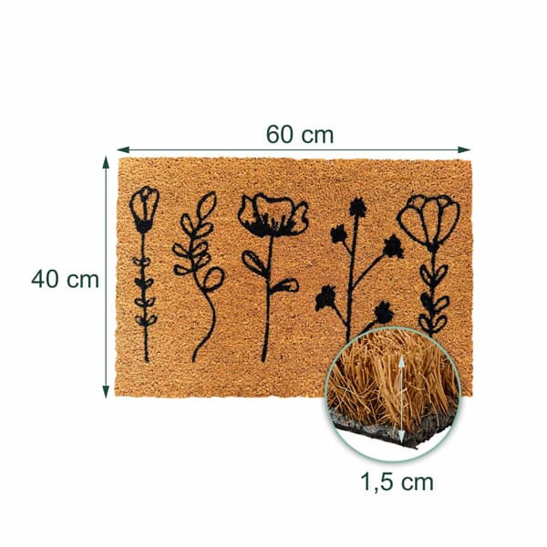 Dørmåtte i kokosfiber, botanisk design, 60x40 cm