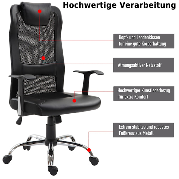 Kontorstol Ergonomisk Drejestol, Højdejusterbar, Pu-Læder, Sort, 66X73X108-118 Cm