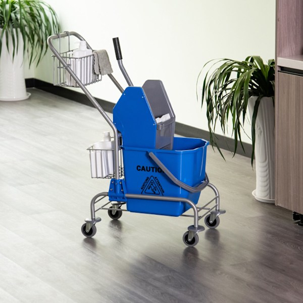 Rengøringsvogn husholdningsvogn professionel bagepressespand 26 L + opbevaringskurv blå 73L x 45W x 95H cm Aosom