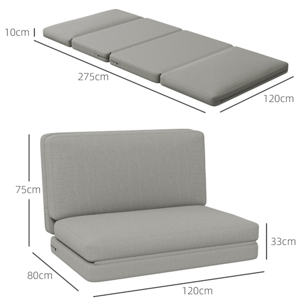 Gulvsofa 3-i-1 sammenfoldelig sovesofa med fløjlslook, polstret sovesofa kan holde op til 240 kg til soveværelse, stue, lysegrå