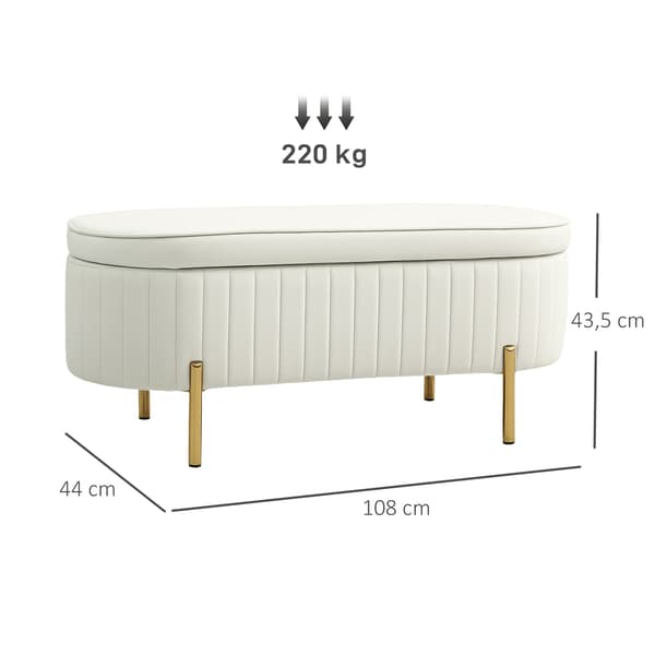 Oval opbevaringsbænk med guldben, fløjlspolstring, creme