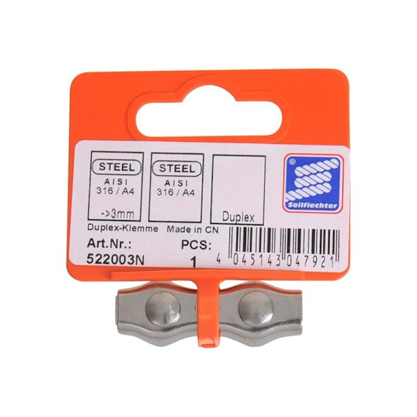 Kaksipuolinen pidike 3mm. A4 RVS AISI 316