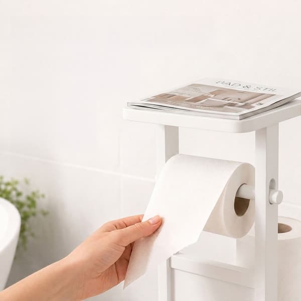 Fritstående toiletpapirholder med hylde – hvid