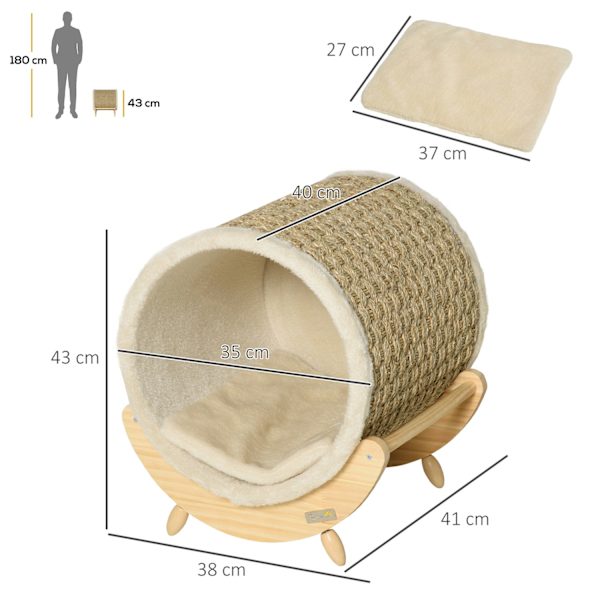 Cat Cave Med Hylde Katteseng, Ridsepude, Fyrretræ, Flannel, Khaki, Natur & Beige, 41X38X43Cm