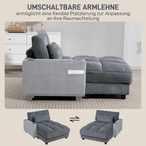 Bäddsoffa med mugghållare, djup sits, mörkgrå sladd