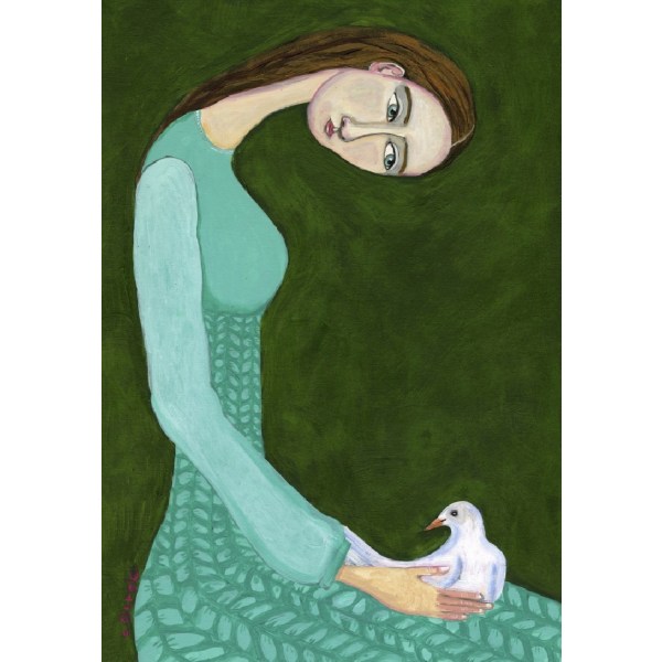 Lady Sitting With White Dove Bird Woman - 21x30 cm