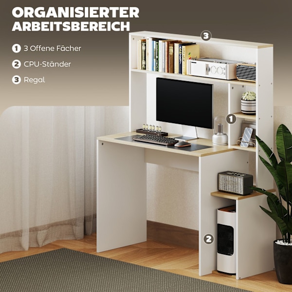 Skrivebord 113 x 45 cm Computer Skrivebord Kontorbord med åbne hylder CPU Stand Stålramme til hjemmekontor Soveværelse Eg |