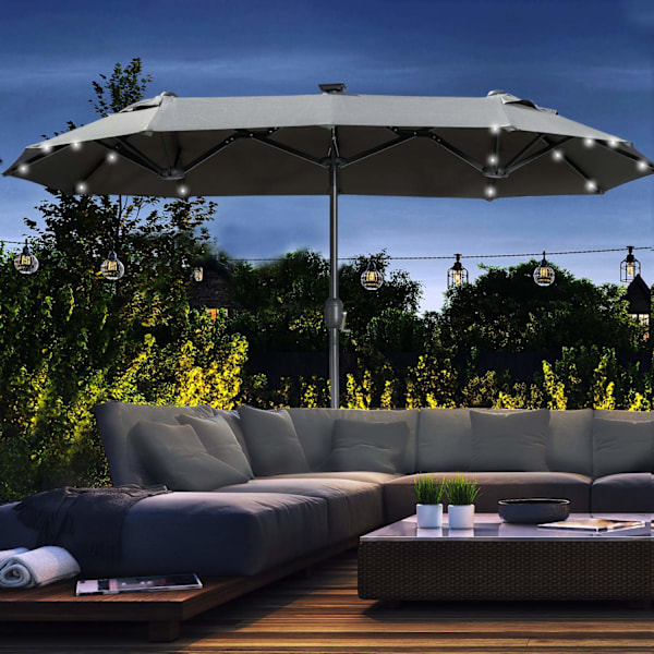 Dobbeltparasol, 295 x 219cm, parasol med LED, oval, haveparasol, vindtæt, stabil, markedsparasol med justerbar vippevinkel til terrasse, pool, polyest