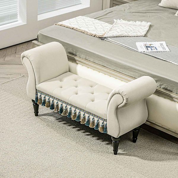 Polstret bænk soveværelse, med opbevaringsplads, armlæn, træben, vintage design, fløjl look, bæreevne 150 kg, 117 x 40 x 58 cm, beige