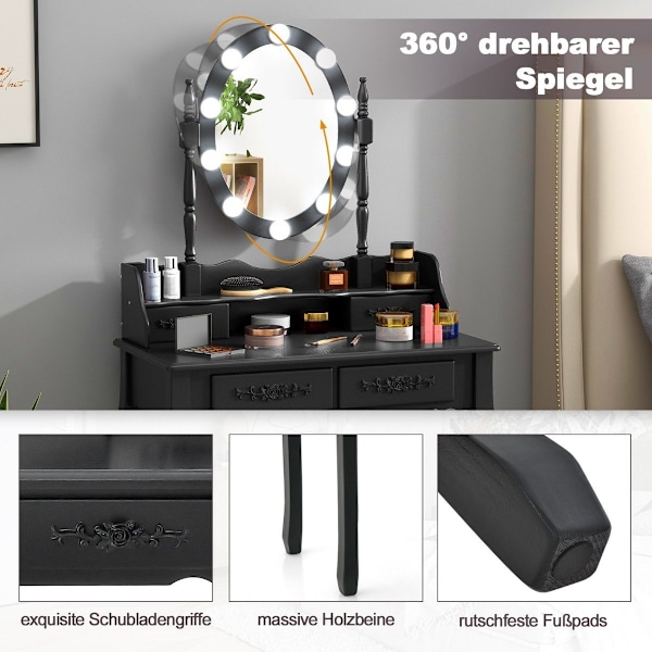 Sminkbord med LED-belysning justerbar ljusstyrka sminkbord med 4 lådor svart