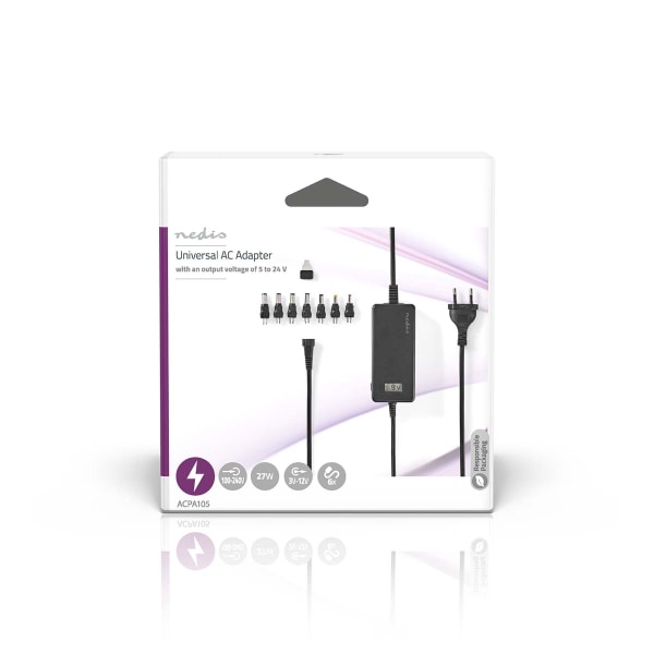 AC Yleisvirtalähde | 36 W | 5 - 24 V DC | 1.80 m | 2.4 A - 3.0 A A | 7 plug(s) | Musta