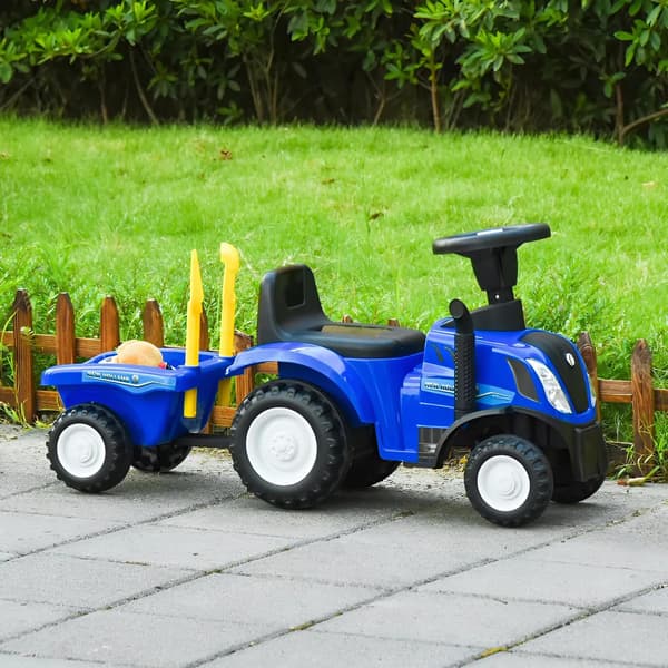 Ride-on traktor med trailer til børn, interaktivt rat, lyde, blå