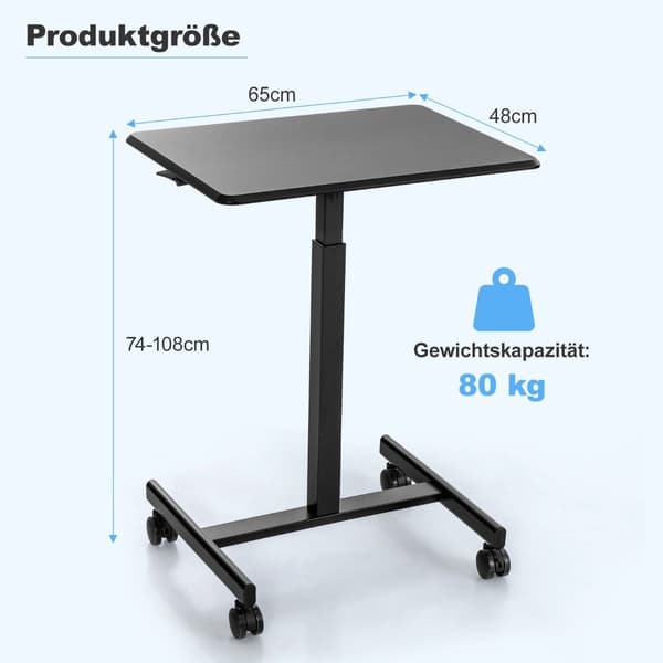 Justerbart bærbart skrivebord med hjul, 80 kg kapacitet, sort
