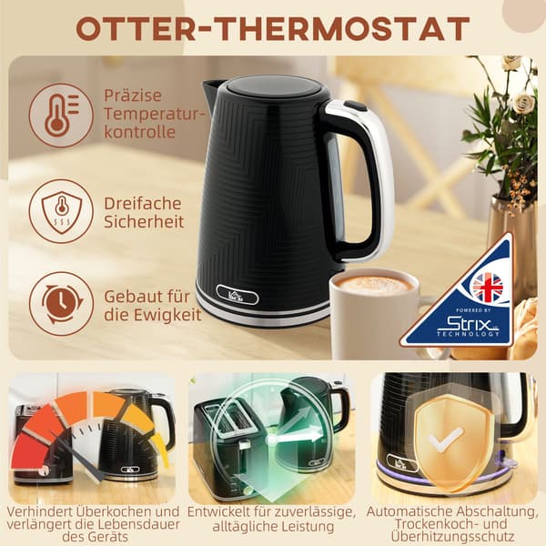 Elkedel- og brødristersæt, 2200W, 2 skiver, sort
