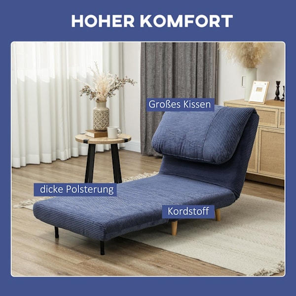 2-i-1 bäddsoffa, stolsäng, justerbar hopfällbar madrass, gästsäng i manchesterlook, för sovrum, vardagsrum, blå, 82 x 89 x 83 cm