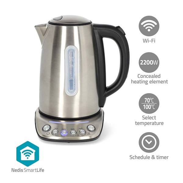 SmartLife Elkedel | Wi-Fi | 1.7 l | Rustfrit stål | 70,80,90,100 °C | Temperaturindikator | Drejelig 360 grader | Skjult varmeelement | Strix®-control