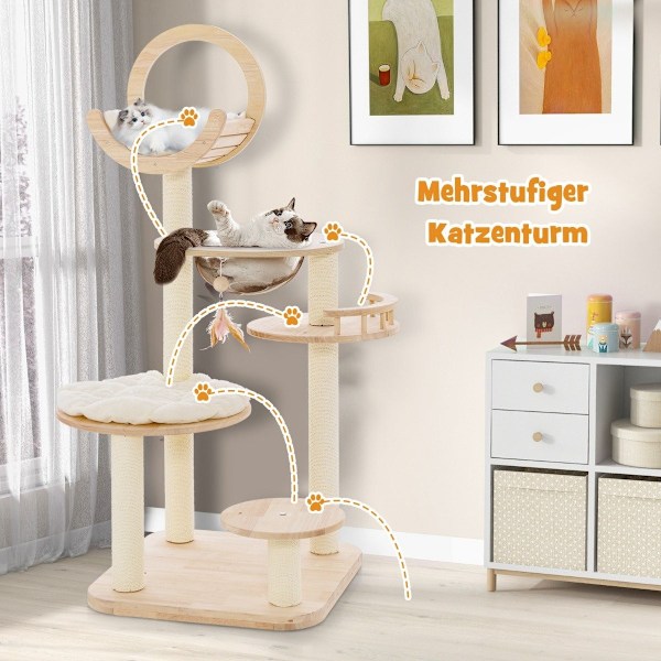 Puinen raapimispylväs 4 tee-se-itse -muotoista kissapuuta, alustat ja tilakapselit ja sisaltolpat 60 x 60 x 146 cm tammipuu beige