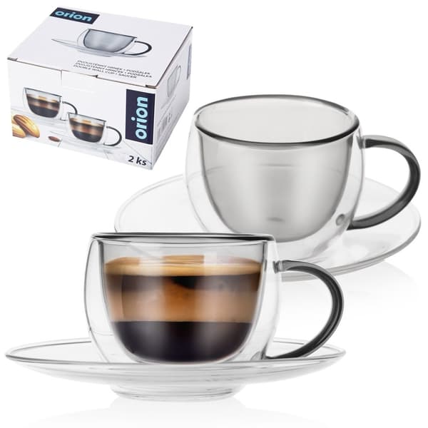 Set med två dubbelväggiga koppar och fat, 90 ml för espresso