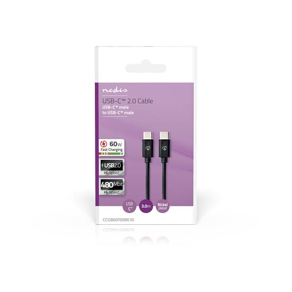 USB-C - USB-C -latauskaapeli 3.00 m, USB 2.0, 480 Mbps, 60 W, musta