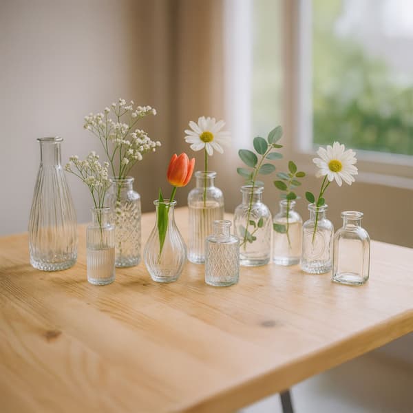 Set med 10 dekorativa vaser i texturerat glas