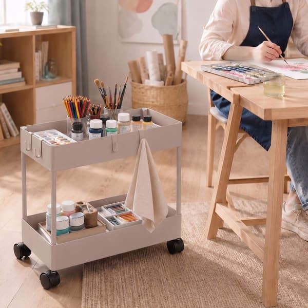 Serveringsvagn med 2 våningar och hjul, beige