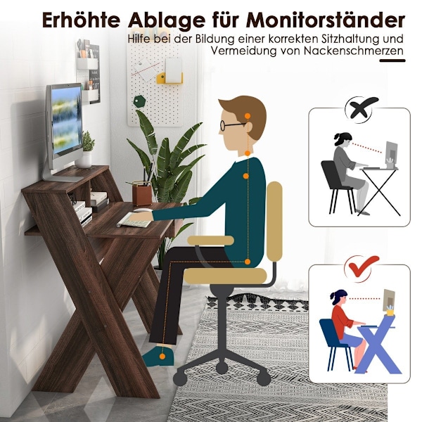 X-formet computerskrivebord med skuffe & monitor stiger skrivebord valnød