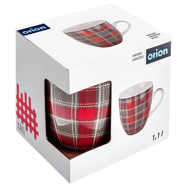 Porslinsmugg, XXL 1L, röd- och grårutig design