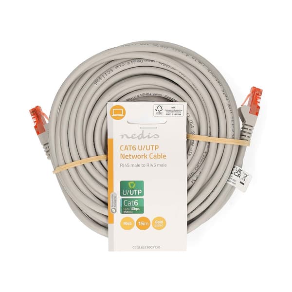 CAT6 Ethernet-kabel, 15m, RJ45, U/UTP, PVC, Grå