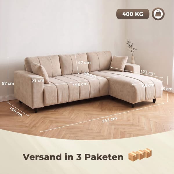 L-formad beige soffa med vändbar schäslong, 4-sits