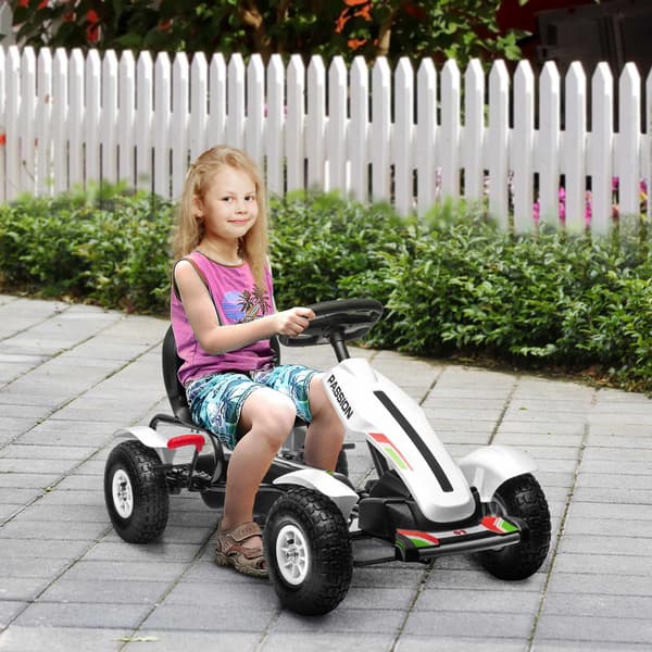 Børne-gokart med justerbart sæde og håndbremse, hvid