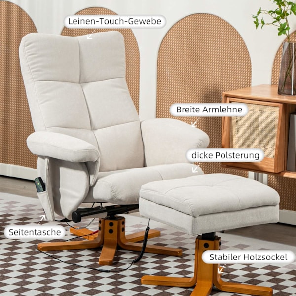 Afslapningsstol, massagestol med skammel og opbevaringsplads, tv-stol med lænefunktion, 360° drejelig med sidelomme, kunstlæder, 80 x 86 x 99 cm, crem