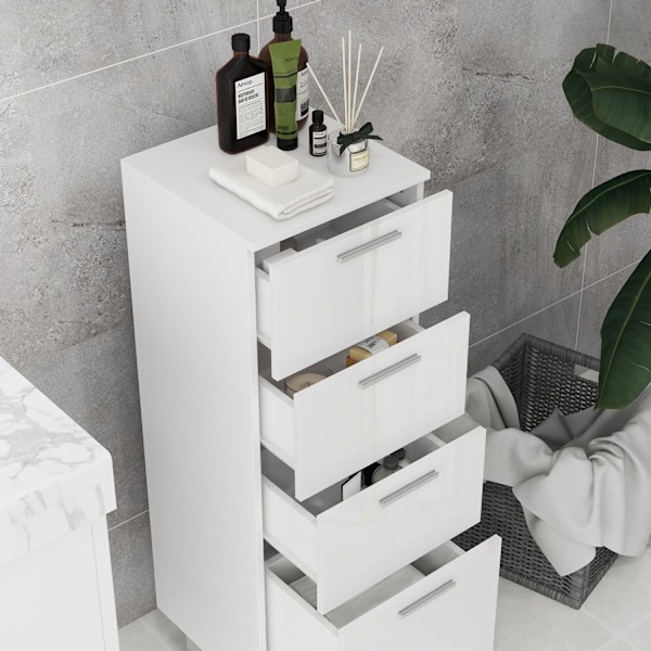 Smalt badeværelsesskab, toiletskab med justerbar hylde, 3 skuffer, badeværelsesskab til små rum badeværelse, stue 30 x 30 x 93 cm hvid |