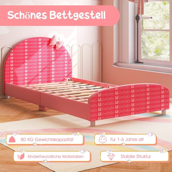140 x 70 cm børneseng med blød sengegavl og fodgærde lamelstel babyseng pink sløjfe