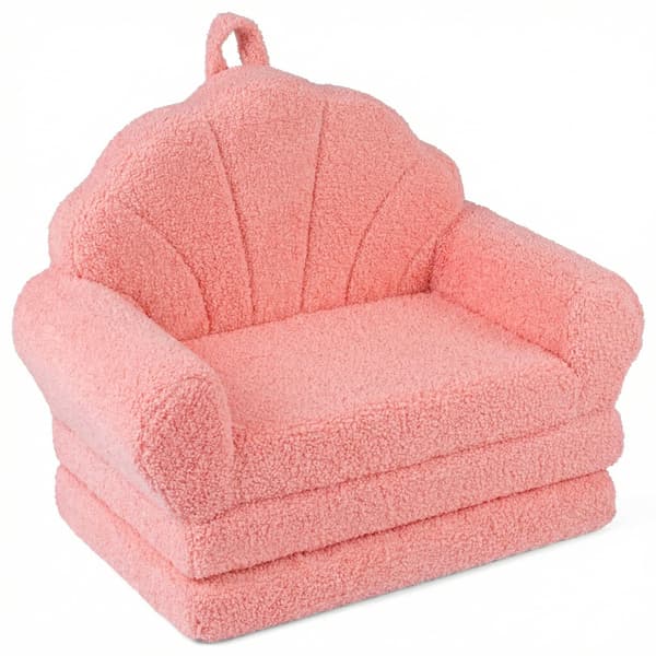 2-i-1 bäddsoffa för barn, rosa teddytyg, hopfällbar