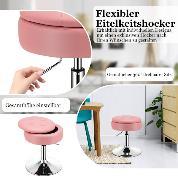 Makeup taburet med opbevaringsplads 360° roterende skammel lavet af imiteret læder pink