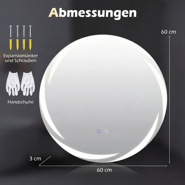 LED-badrumsspegel, Ø60 cm, imfri, dimbar, 3-färgs belysning