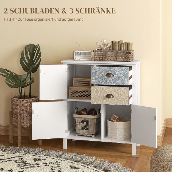 Kommode Opbevaringsskab 2 Skuffer 3 Rum Vippebeskyttelse Stue Soveværelse Hvid 68X34X80Cm