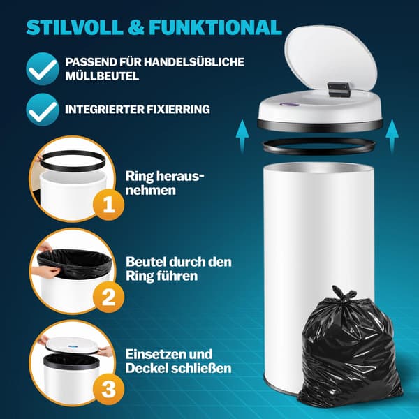 Hvid sensorbeholder i rustfrit stål, 40 liters kapacitet