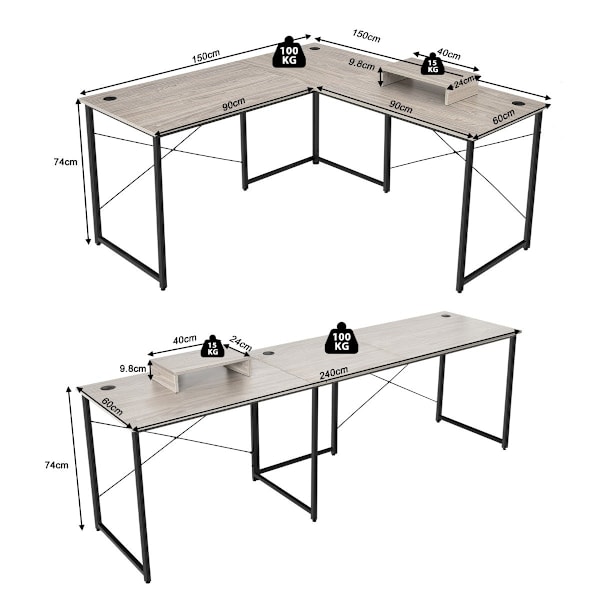 L-format skrivbord med monitorstativ & 3 kabelhål vändbart hörnskrivbord ljusgrå