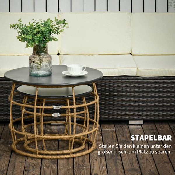Sidobord, Soffbord, Soffbord, Set Om 2, Handvävd Med Bordsskiva För Trädgård, Balkong, Ø46+Ø60 Cm, Sand