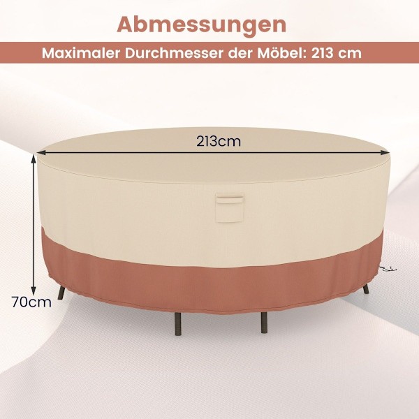 Ø 213 cm runt utemöbelöverdrag med ventilationsspringor & spännen & snören beige