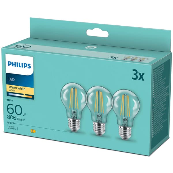 3-pakkaus LED E27 Normaali Kirkas 60W 806lm