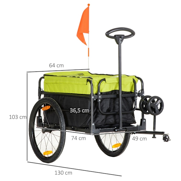 2-i-1 lastvagn, last 40 kg, med broms, förvaringsväska, lock, reflexer, Oxford, 130 x 64 x 103 cm, gul