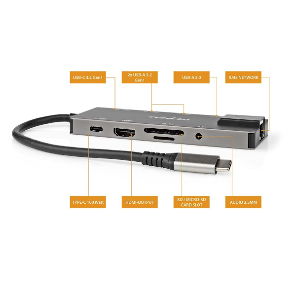 USB N Moniporttisovitin | USB 3.2 Gen 1 | USB-C™ Uros | HDMI™ Ulostulo / RJ45 Naaras / SD / 2x USB-C™ / 3.5 mm naaras / 3x USB-A Naaras | 5 Gbps | 0.2