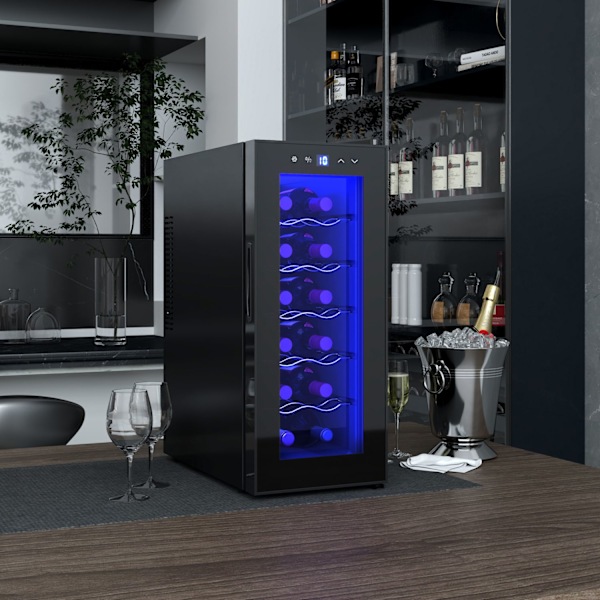 Vinkyl 12 flaskor 30L 8-18℃ Dubbel termoelektrisk flaskkyl med glasdörr, Dryckekyl med LED-ljus, Litet vinskåp med pekskärm Svart