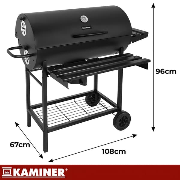 Hiiligrilli kannella, lämpömittarilla ja hyllyillä