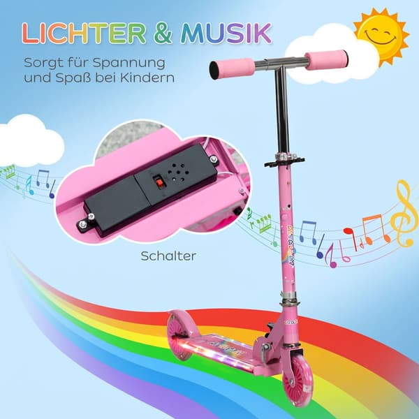 Rosa barnsparkcykel med LED-hjul och justerbart styre
