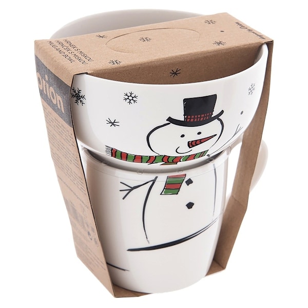 Barnmugg med skål, snögubbe i porslin, 2 st.