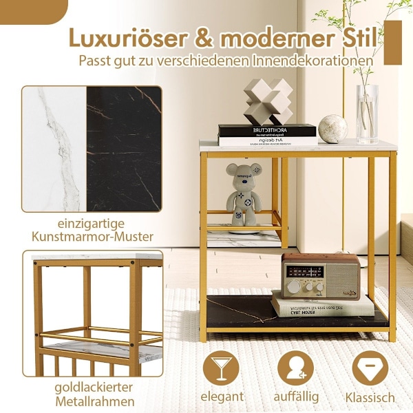 Sidobord marmorlook 3-vånings sängbord med metallram soffbord modernt vardagsrumsbord vitt